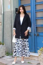 Printed Satin Skirt in Blue & Black – High-Quality Turkish Manufacturing - Image 2