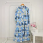 Long Printed Dress in Blue with Square Patterns – Turkish Manufacturing