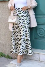 Printed Satin Skirt in Olive & Black – High-Quality Turkish Manufacturing - Image 2