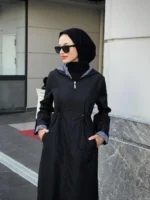 معطف شتوي طويل هودي باللون الأسود – صناعة تركية