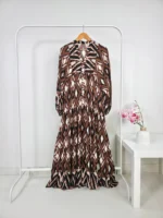 Oversized Long Printed Dress in Brown with Geometric Patterns – Turkish Manufacturing