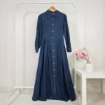 Long Denim Dress in Dark Blue with Front Buttons – High-quality Turkish Manufacturing