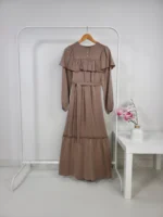 فستان طويل برونزي فاتح مع كشكش وحزام – صناعة تركية