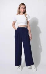 ⁦بنطال واسع رسمي وكاجوال باللون الكحلي مع خط أبيض على الخصر – صناعة تركية⁩ - الصورة ⁦2⁩