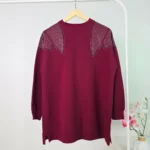 بلوزة طويلة نسائية بلون عنابي مزينة بكريستالات – صناعة تركية