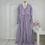 Long Purple Checkered Dress with Lace Details – Turkish Manufacturing