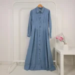 Long Denim Dress in Light Blue with Front Buttons – High-Quality Turkish Manufacturing
