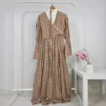 Long Brown Checkered Dress with Lace Details – Turkish Manufacturing