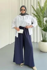 ⁦بنطلون كلوش واسع باللون الأزرق الداكن – صناعة تركية⁩ - الصورة ⁦2⁩