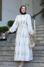 Women’s Long Dress in Off-White with Tree Print – Turkish Manufacturing - Image 2